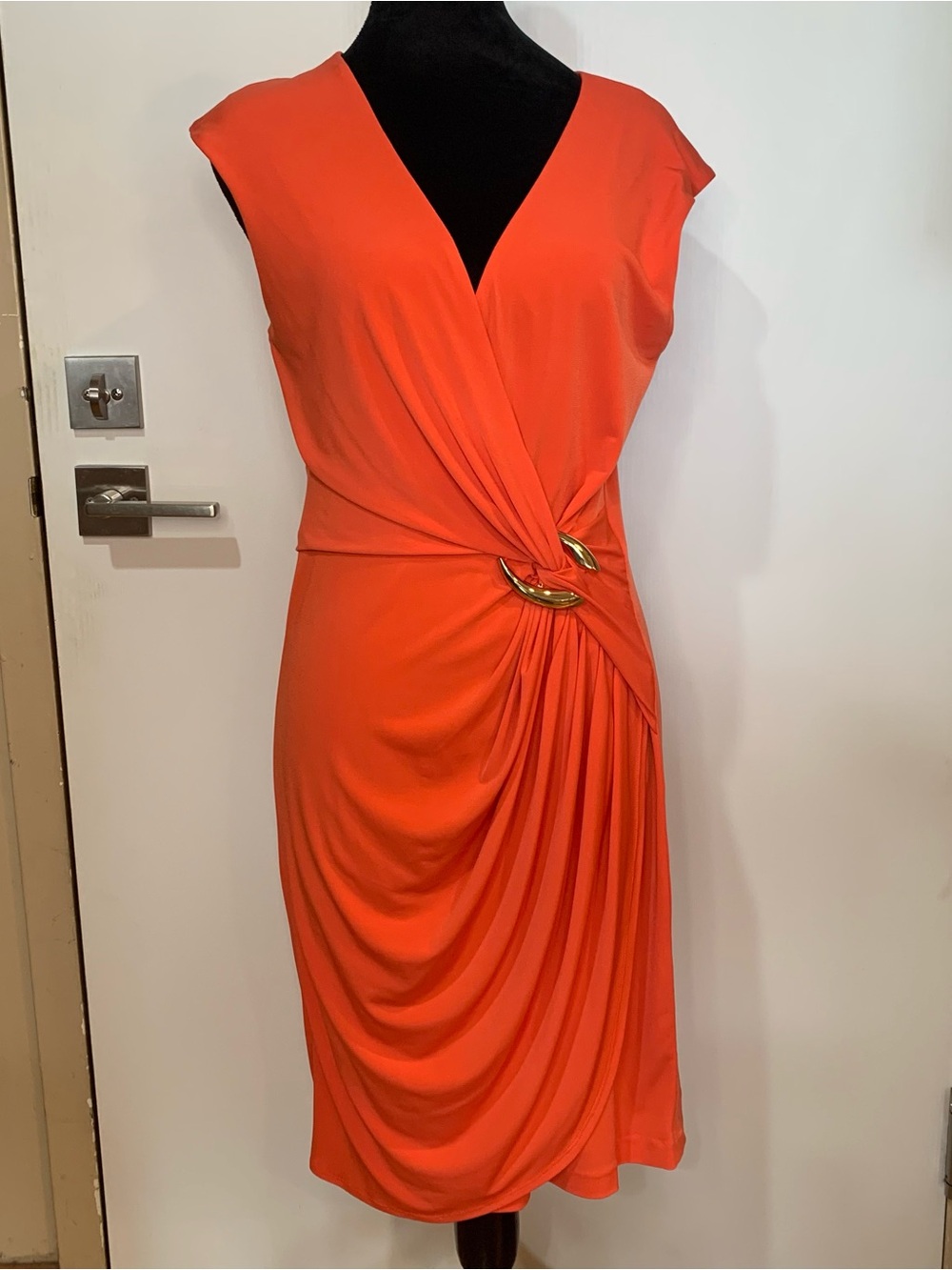 Cache NWT 8 Vibrant Orange Draped Midi Lined Dress with front Gold Buckle Accent